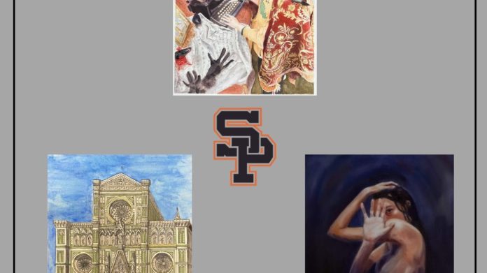 PHOTO: Jay Chen, Sven Leu, and Abigail Hillman | The South Pasadenan | SPHS students winning artwork includes top: “In Another World” by Jay Chen, bottom left: “Duomo de Florencia” by Sven Leu; and bottom right: “Critical Eye” by Abigail Hillman