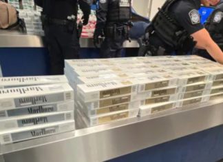 PHOTO: CBP | The South Pasadenan | CBP officers inspecting 749 cartons of contraband cigarettes at Long Beach Cruise Ship Terminal