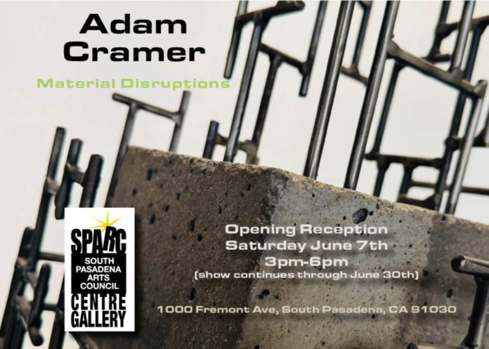 PHOTO: SPARC | The South Pasadenan | Promotional image for Adam Cramer's "Material Disruptions" exhibition, showing a close-up of a sculpture with rebar and concrete