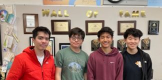 PHOTO: Oliver Valcorza | The South Pasadenan | SPHS students, left to right, Julian Ovalle, Youhan Liu, Luke Kwak, and Ethan Kwak celebrate History Day competition victories.