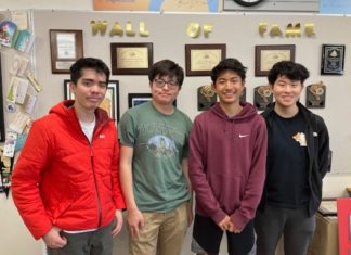 PHOTO: Oliver Valcorza | The South Pasadenan | SPHS students, left to right, Julian Ovalle, Youhan Liu, Luke Kwak, and Ethan Kwak celebrate History Day competition victories.