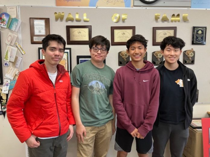 PHOTO: Oliver Valcorza | The South Pasadenan | SPHS students, left to right, Julian Ovalle, Youhan Liu, Luke Kwak, and Ethan Kwak celebrate History Day competition victories.