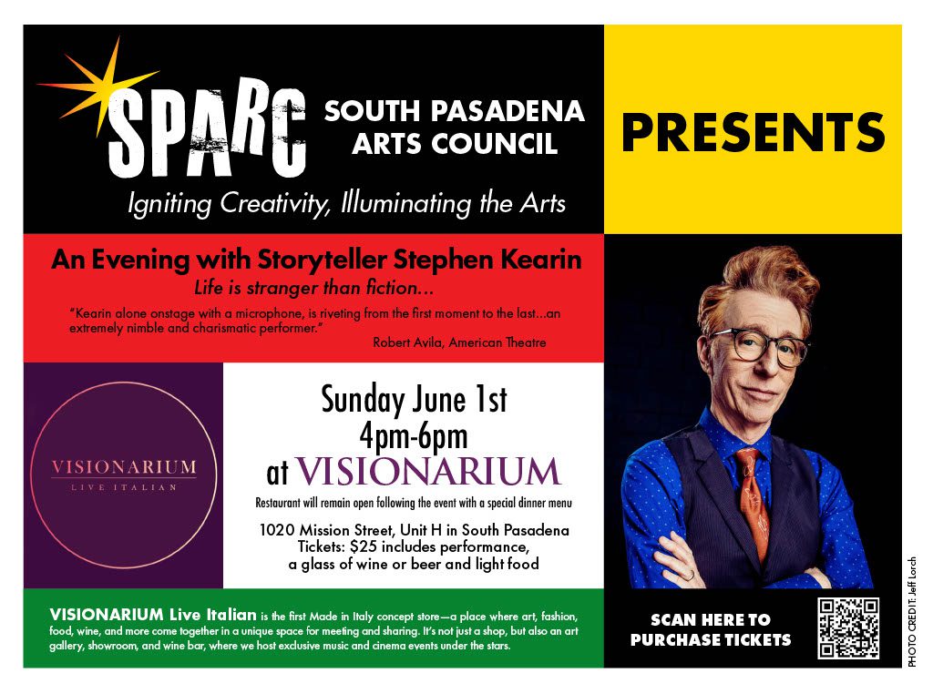 Event poster for "An Evening with Storyteller Stephen Kearin" featuring a photo of Stephen Kearin and event details.