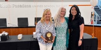 PHOTO: SPUSD | SPUSD retirees from left to right: Holly Lang, Marina Thompson, and Laura Ishibashi enjoy the celebration during the Employee Recognition Ceremony. (Not pictured: Allison Strain)