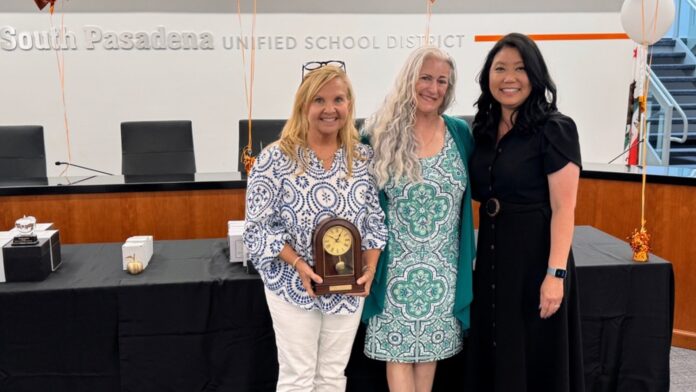 PHOTO: SPUSD | SPUSD retirees from left to right: Holly Lang, Marina Thompson, and Laura Ishibashi enjoy the celebration during the Employee Recognition Ceremony. (Not pictured: Allison Strain)