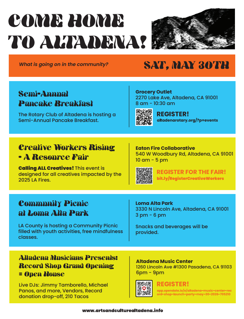 | The South Pasadenan | South Pasadena News Graphic: Arts and Culture Coalition of Altadena | The South Pasadenan | Creative Workers Rising ~ A Resource Fair for Fire-Impacted Artists