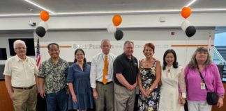 PHOTO: SPUSD | The South Pasadenan | SPUSD retirees from left to right: Pedro Pinedo, Jerry Lew, Belinda Diaz, Dennis Lefevre, Geoff Yantz, Maryann Nielsen, Emily Chiang, and Dawn Tull enjoy the Employee Recognition Ceremony. (Not pictured: Mike Amerine)