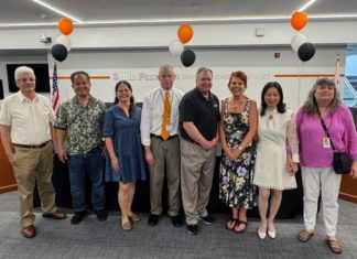 PHOTO: SPUSD | The South Pasadenan | SPUSD retirees from left to right: Pedro Pinedo, Jerry Lew, Belinda Diaz, Dennis Lefevre, Geoff Yantz, Maryann Nielsen, Emily Chiang, and Dawn Tull enjoy the Employee Recognition Ceremony. (Not pictured: Mike Amerine)