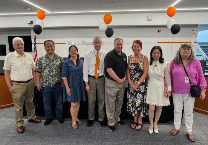 PHOTO: SPUSD | The South Pasadenan | SPUSD retirees from left to right: Pedro Pinedo, Jerry Lew, Belinda Diaz, Dennis Lefevre, Geoff Yantz, Maryann Nielsen, Emily Chiang, and Dawn Tull enjoy the Employee Recognition Ceremony. (Not pictured: Mike Amerine)