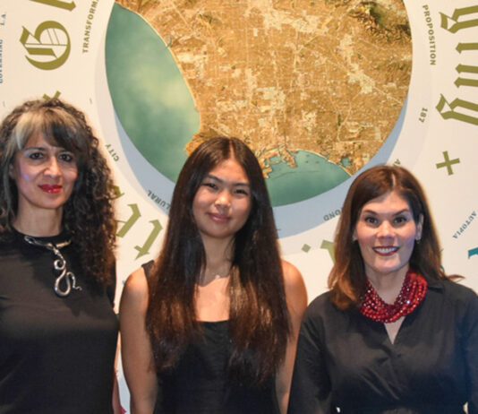PHOTO: Timothy Lee | The South Pasadenan | Left to right: SPHS teacher Rouzanna Berberian, SPHS student Alexis (Brylee) Woo, and SPUSD superintendent Angela Elizondo Baxter pause at the Life, Liberty, and Los Angeles exhibition at the Autry Museum. Not pictured: Brandon Park