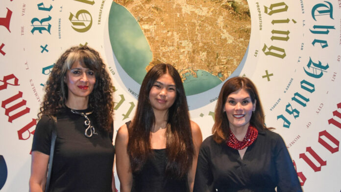 PHOTO: Timothy Lee | The South Pasadenan | Left to right: SPHS teacher Rouzanna Berberian, SPHS student Alexis (Brylee) Woo, and SPUSD superintendent Angela Elizondo Baxter pause at the Life, Liberty, and Los Angeles exhibition at the Autry Museum. Not pictured: Brandon Park