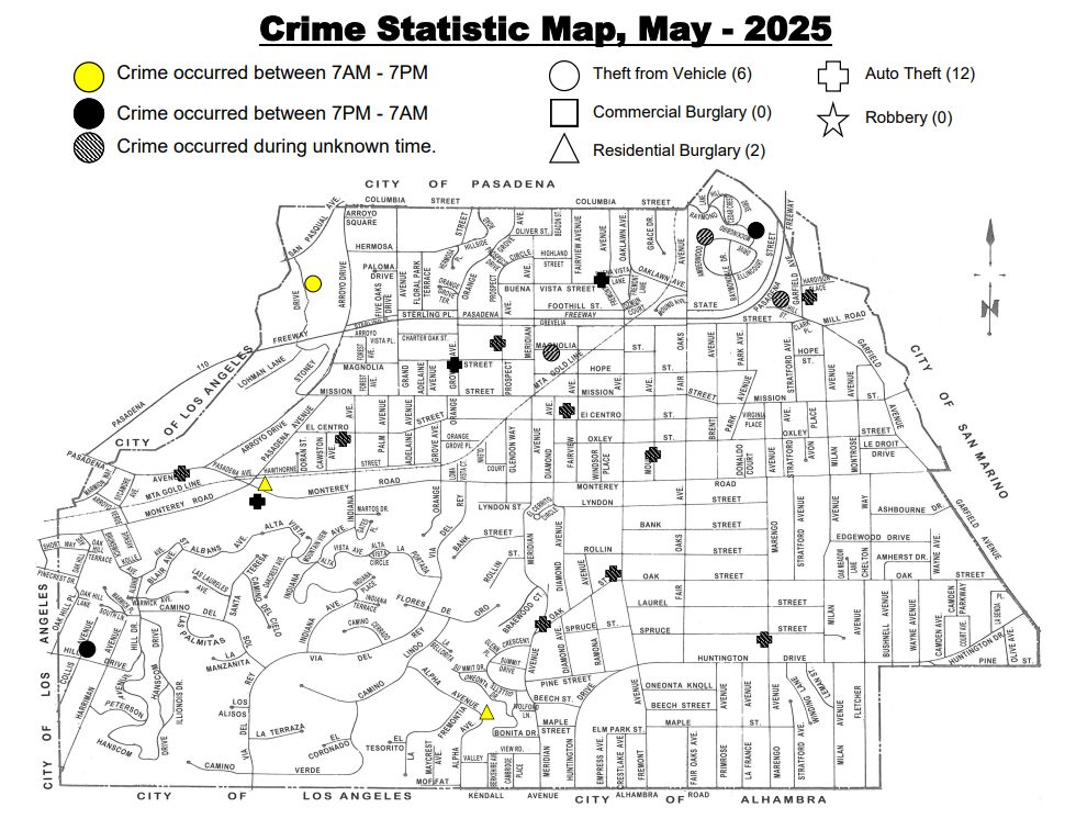 PHOTO: City of South Pasadena | The South Pasadenan | Crime Statistic Map for May