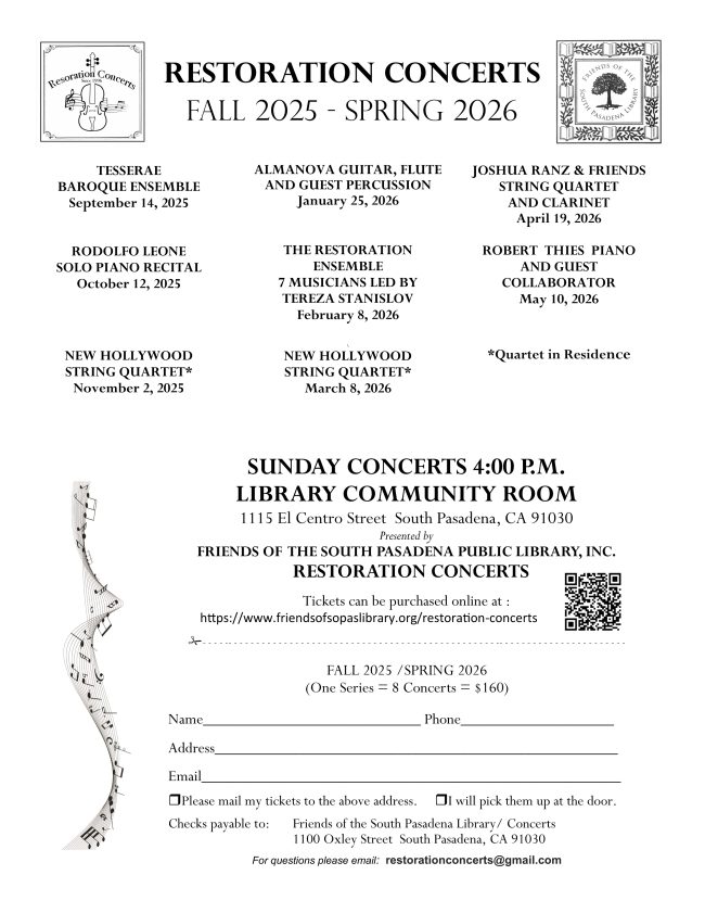 | The South Pasadenan | South Pasadena News PHOTO: Friends of the South Pasadena Library | The South Pasadenan | Restoration Concerts Series