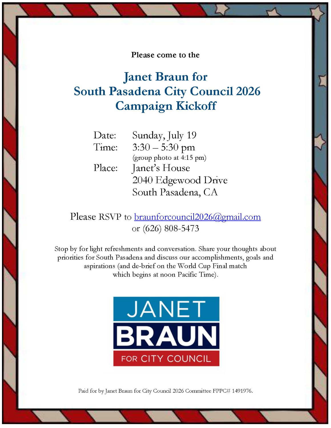 | The South Pasadenan | South Pasadena News Graphic: Janet Braun | The South Pasadenan | anet Braun Launches Re-Election Campaign for City Council