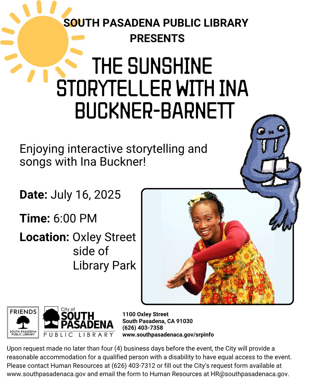 Photo: SPPL | The South Pasadenan | Sunshine Storyteller Ina Buckner-Barnette to Perform at South Pasadena Public Library