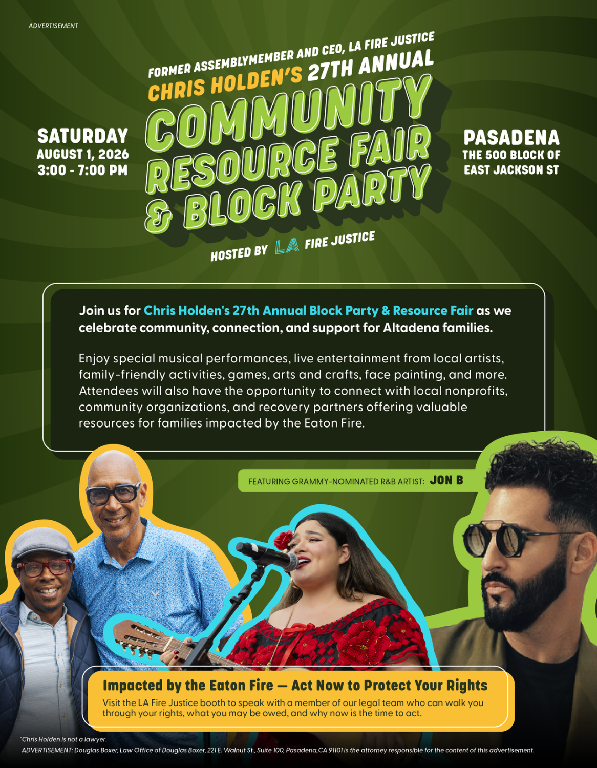 Graphic: LA Fire Justice | The South Pasadenan | Annual Block Party Returns to Pasadena with R&B Star Jon B and Eaton Fire Recovery Focus