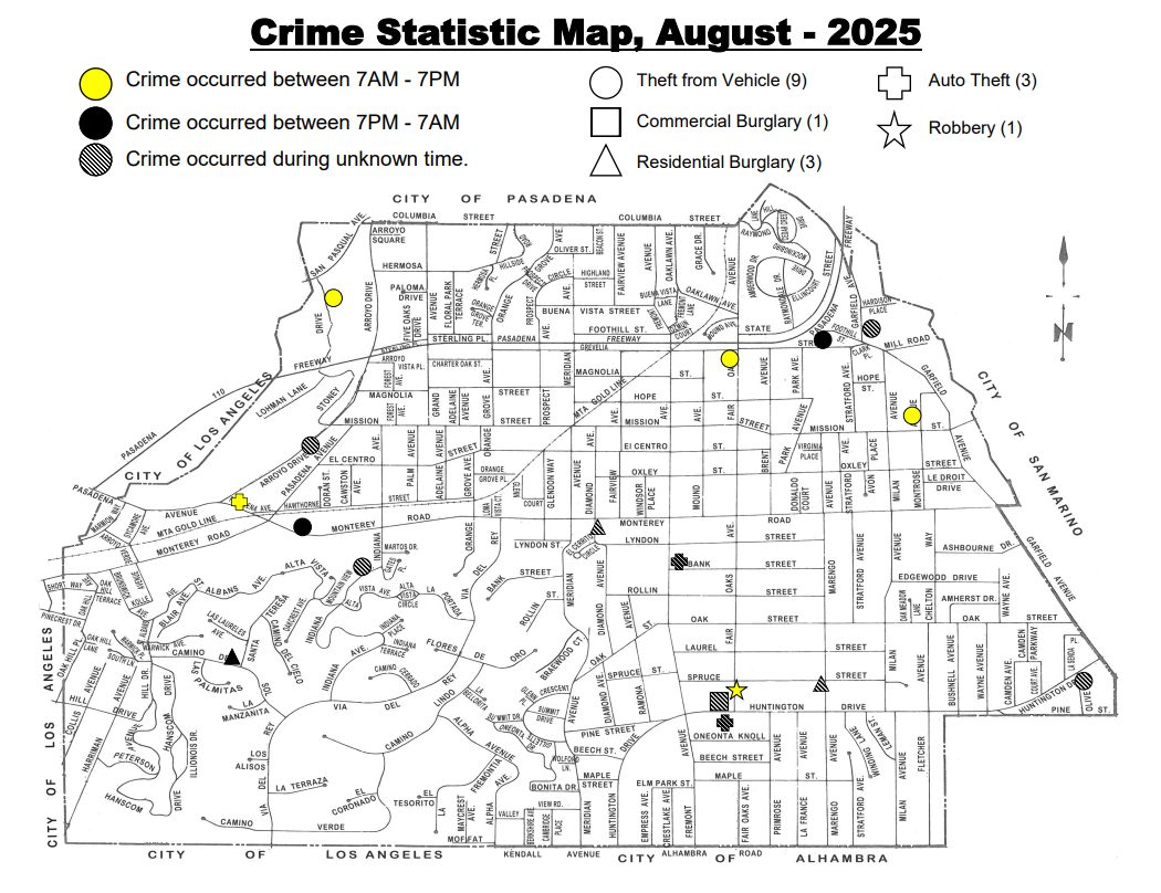 PHOTO: SPPD | The South Pasadenan | Crime Statistic Map, August 2025