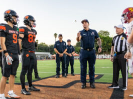 SPHS Football Honors Local First Responders on 9/11 | SPUSD Snapshot PHOTO: Mac Shropshire | The South Pasadenan | Local first responders led the coin toss during the SPHS varsity football game on September 11, 2026.