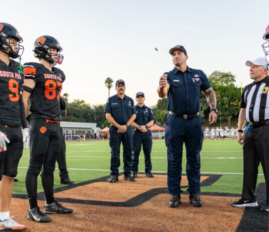 PHOTO: Mac Shropshire | The South Pasadenan | Local first responders led the coin toss during the SPHS varsity football game on September 11, 2026.