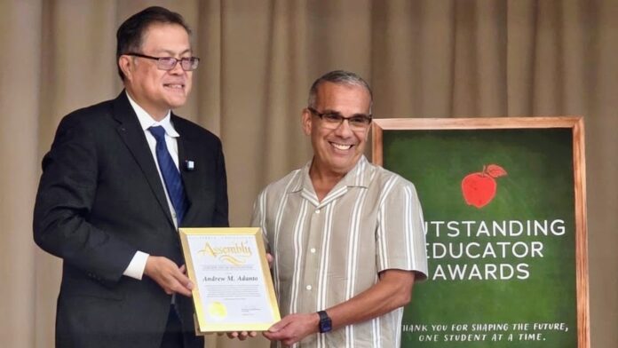 PHOTO: SPUSD | The South Pasadenan | California Assemblymember Mike Fong presents SPMS history teacher Andrew Adanto with an Outstanding Educator Award.