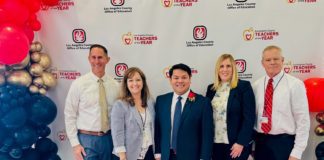 PHOTO: Left to right: SPHS Principal John Eldred, Associate Superintendent of Instructional Services Christiane Gervais, Social Science Teacher and SPUSD Teacher of the Year Oliver Valcorza, Assistant Superintendent of Human Resources Judy Correnti, and Executive Director of Student Support Services Dennis Lefevre celebrate at the 43rd Annual Los Angeles County Office of Education Teacher of the Year Awards luncheon. (Photo Courtesy of South Pasadena Unified School District)