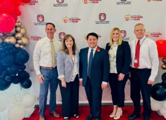 SPUSD Teacher of the Year PHOTO: Left to right: SPHS Principal John Eldred, Associate Superintendent of Instructional Services Christiane Gervais, Social Science Teacher and SPUSD Teacher of the Year Oliver Valcorza, Assistant Superintendent of Human Resources Judy Correnti, and Executive Director of Student Support Services Dennis Lefevre celebrate at the 43rd Annual Los Angeles County Office of Education Teacher of the Year Awards luncheon. (Photo Courtesy of South Pasadena Unified School District)