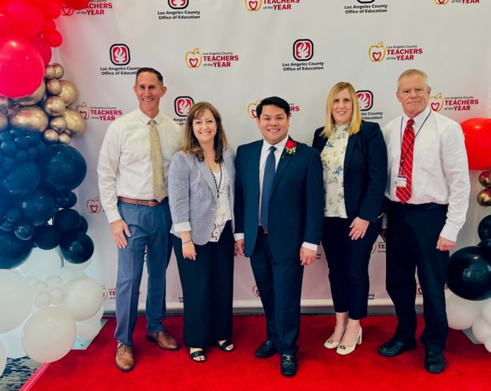 PHOTO: Left to right: SPHS Principal John Eldred, Associate Superintendent of Instructional Services Christiane Gervais, Social Science Teacher and SPUSD Teacher of the Year Oliver Valcorza, Assistant Superintendent of Human Resources Judy Correnti, and Executive Director of Student Support Services Dennis Lefevre celebrate at the 43rd Annual Los Angeles County Office of Education Teacher of the Year Awards luncheon. (Photo Courtesy of South Pasadena Unified School District)