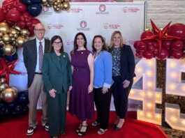 PHOTO: SPUSD | The South Pasadenan | Left to right: Assistant Superintendent of Business Services David Lubs, Superintendent Angela Elizondo Baxter, SPUSD Teacher of the Year Jennifer Velez Simon, Associate Superintendent of Instructional Services Christiane Gervais, and Assistant Superintendent of Human Resources Judy Correnti celebrate at the 45th Annual Los Angeles County Office of Education Teacher of the Year Awards luncheon.
