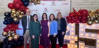 PHOTO: SPUSD | The South Pasadenan | Left to right: Assistant Superintendent of Business Services David Lubs, Superintendent Angela Elizondo Baxter, SPUSD Teacher of the Year Jennifer Velez Simon, Associate Superintendent of Instructional Services Christiane Gervais, and Assistant Superintendent of Human Resources Judy Correnti celebrate at the 45th Annual Los Angeles County Office of Education Teacher of the Year Awards luncheon.