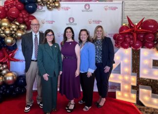 PHOTO: SPUSD | The South Pasadenan | Left to right: Assistant Superintendent of Business Services David Lubs, Superintendent Angela Elizondo Baxter, SPUSD Teacher of the Year Jennifer Velez Simon, Associate Superintendent of Instructional Services Christiane Gervais, and Assistant Superintendent of Human Resources Judy Correnti celebrate at the 45th Annual Los Angeles County Office of Education Teacher of the Year Awards luncheon.