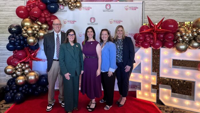 PHOTO: SPUSD | The South Pasadenan | Left to right: Assistant Superintendent of Business Services David Lubs, Superintendent Angela Elizondo Baxter, SPUSD Teacher of the Year Jennifer Velez Simon, Associate Superintendent of Instructional Services Christiane Gervais, and Assistant Superintendent of Human Resources Judy Correnti celebrate at the 45th Annual Los Angeles County Office of Education Teacher of the Year Awards luncheon.