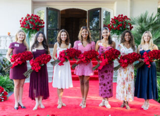 2027 Rose Court Announced | Pasadena Tournament of Roses PHOTO: Pasadena Tournament of Roses | The South Pasadenan | 2027 Rose Court – left to right: (#355) Lucy Joyce Wendling, San Marino High School (#212) Tessa Rose Choi, La Cañada High School; (#152) Irene Lim Maddox, Eagle Rock High School; (#349) Elizabeth Tabaro Kengaju Rweyemamu, Polytechnic School; (#362) Daniela Guzman, Arcadia High School. (#235) Maria Teresa Monserrat McDonald, Thurgood Marshall Secondary School (#392) Evita Cielo Bridge, Mayfield Senior School.