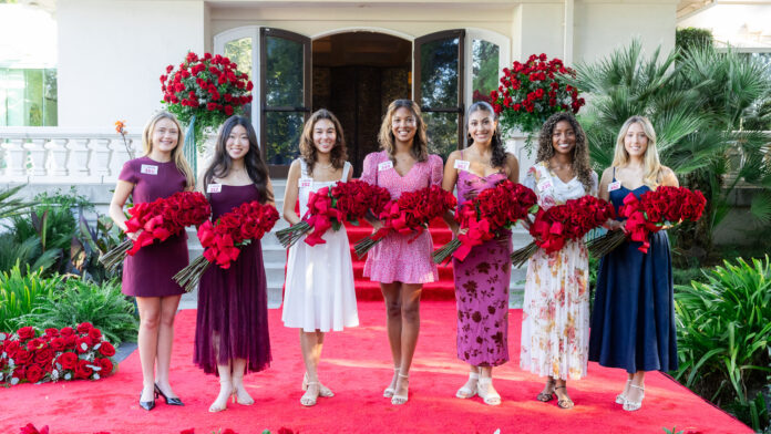 PHOTO: Pasadena Tournament of Roses | The South Pasadenan | 2027 Rose Court – left to right: (#355) Lucy Joyce Wendling, San Marino High School (#212) Tessa Rose Choi, La Cañada High School; (#152) Irene Lim Maddox, Eagle Rock High School; (#349) Elizabeth Tabaro Kengaju Rweyemamu, Polytechnic School; (#362) Daniela Guzman, Arcadia High School. (#235) Maria Teresa Monserrat McDonald, Thurgood Marshall Secondary School (#392) Evita Cielo Bridge, Mayfield Senior School.