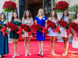 2026 Rose Court - left to right: (#564) Riya Gupta, California Institute of Technology (Caltech); (#386) Serena Hui Guo, Arcadia High School; (#346) Keiko Rakin, Alhambra High School; (#579) Sophia Bai Ren, Arcadia High School; (#606) Naira Elaine Wadley, John Muir High School; (#490) Livia Amy de Paula, Temple City High School.