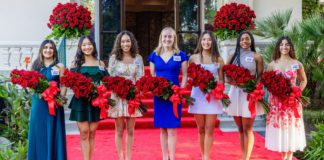 2026 Rose Court - left to right: (#564) Riya Gupta, California Institute of Technology (Caltech); (#386) Serena Hui Guo, Arcadia High School; (#346) Keiko Rakin, Alhambra High School; (#579) Sophia Bai Ren, Arcadia High School; (#606) Naira Elaine Wadley, John Muir High School; (#490) Livia Amy de Paula, Temple City High School.