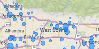 Image of this month's mosquito activity by latitude and longitude. Bubble size indicates mosquito abundance per trap.