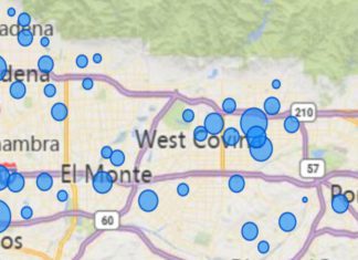 Image of this month's mosquito activity by latitude and longitude. Bubble size indicates mosquito abundance per trap.