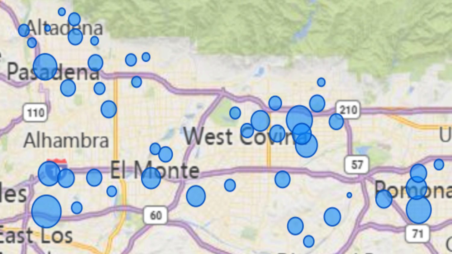 | The South Pasadenan | South Pasadena News Image of this month's mosquito activity by latitude and longitude. Bubble size indicates mosquito abundance per trap.