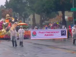 WINNER 2026 Tournament of Roses Parade: South Pasadena Rose Parade Float Wins the 'Past President's Award' on a historic, rare, rainy new years day with hundreds of thousands in attendance on the parade route in Pasadena.