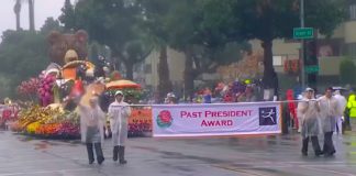 WINNER 2026 Tournament of Roses Parade: South Pasadena Rose Parade Float Wins the 'Past President's Award' on a historic, rare, rainy new years day with hundreds of thousands in attendance on the parade route in Pasadena.