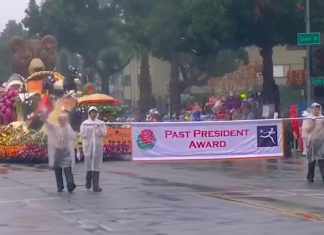 WINNER 2026 Tournament of Roses Parade: South Pasadena Rose Parade Float Wins the 'Past President's Award' on a historic, rare, rainy new years day with hundreds of thousands in attendance on the parade route in Pasadena.