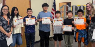 From left to right: Julie Ryu (Beginning ELD Teacher), Amara Lee, Matias Garcia, Nicolas Condori Cordoba, Yudam Daniel Lee, Eason Jin, Tony Tao, and Jessica Kammer (Intermediate ELD Teacher) celebrate students’ English language proficiency. (Photo Courtesy of South Pasadena Middle School) | The South Pasadenan