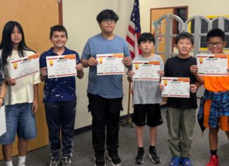 From left to right: Julie Ryu (Beginning ELD Teacher), Amara Lee, Matias Garcia, Nicolas Condori Cordoba, Yudam Daniel Lee, Eason Jin, Tony Tao, and Jessica Kammer (Intermediate ELD Teacher) celebrate students’ English language proficiency. (Photo Courtesy of South Pasadena Middle School) | The South Pasadenan