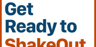 Sign with the words 'Get Ready to ShakeOut' in blue and orange on a white background.