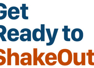 Sign with the words 'Get Ready to ShakeOut' in blue and orange on a white background.