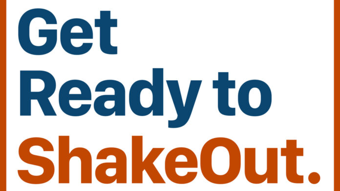 Sign with the words 'Get Ready to ShakeOut' in blue and orange on a white background.