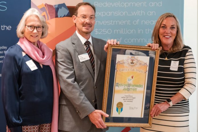 PHOTO: MonteCedro Senior Living 100 Year Legacy Event | L-R, ECS Board Member Cathy May, President & CEO James Rothrock, with Los Angeles County 5th District Supervisor, Kathryn Barger