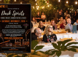 Raise A Glass To The Up-And-Coming: South Pasadena’s Signature Event ‘Dark Spirits’ Backs Foster Youth – Get Your Tickets! 'Dark Spirits' dinner, whiskey, bourbon tasting & cigars on Sat, Nov 7, 2026; crowd at a banquet in the background.