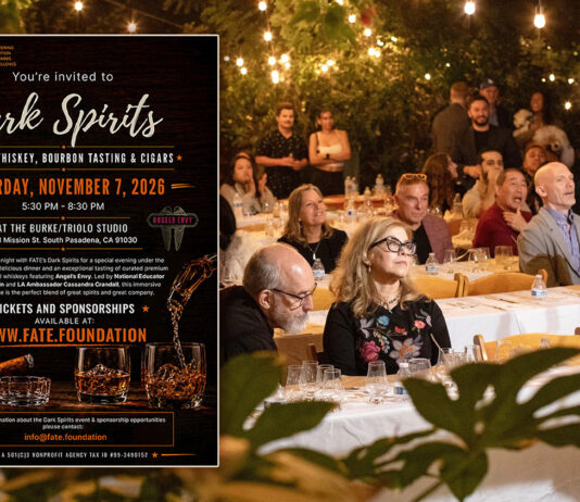 Raise A Glass To The Up-And-Coming: South Pasadena’s Signature Event ‘Dark Spirits’ Backs Foster Youth – Get Your Tickets! 'Dark Spirits' dinner, whiskey, bourbon tasting & cigars on Sat, Nov 7, 2026; crowd at a banquet in the background.