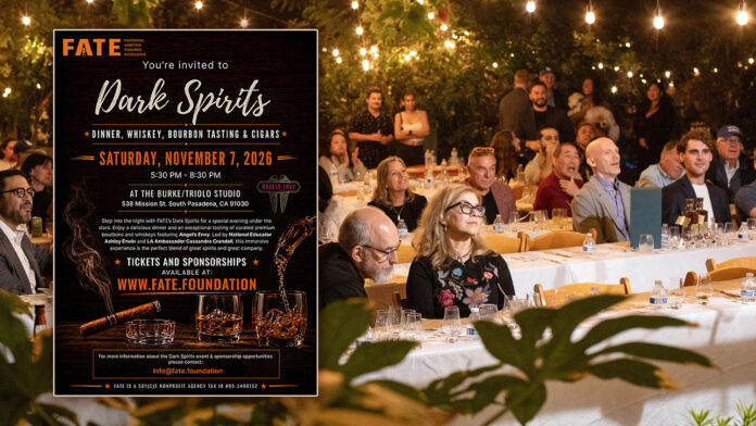 'Dark Spirits' dinner, whiskey, bourbon tasting & cigars on Sat, Nov 7, 2026; crowd at a banquet in the background.
